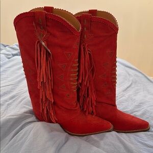 Dingo Red Heeled Boots with Fringe Detail Size 10